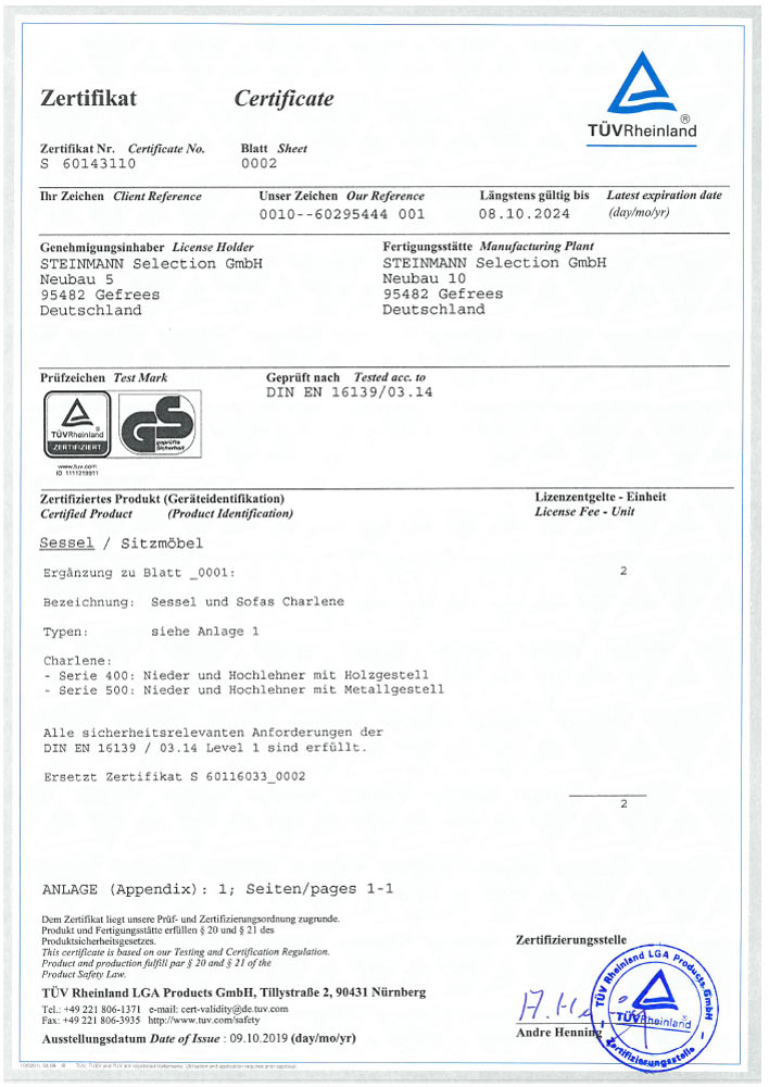TUEV Zertifikat Charlene Sitzgruppe S 60143110 0002 2019 10 1 - Zertifizierungen