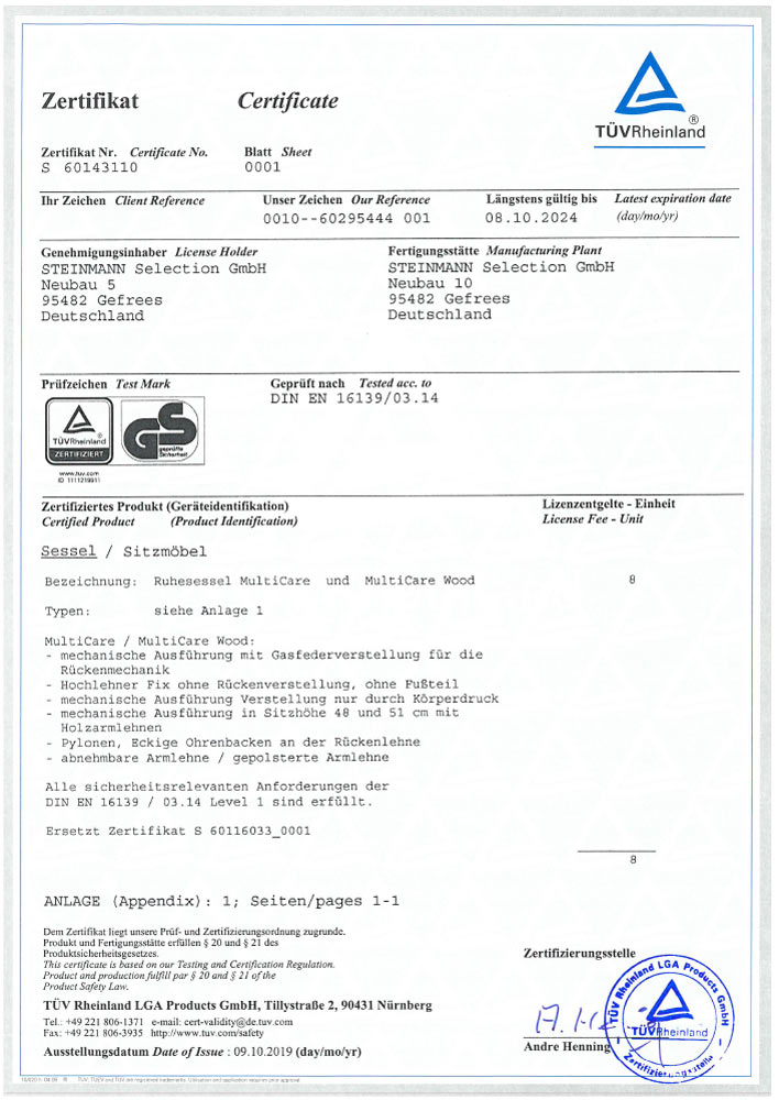 Zertifikat TUEV MultiCare Ruhesessel S 60143110 0001 1 - Zertifizierungen